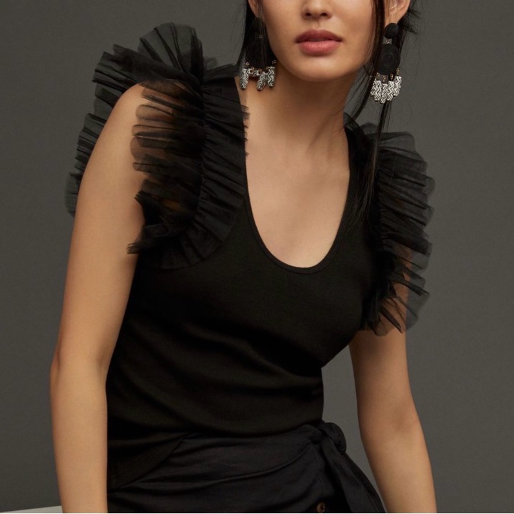 Anthropologie DOLAN Black Ruffle-Sleeve Tank Top XS